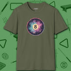 Cosmic 8-Ball Galaxy T-Shirt, in Military Green color, billiards shirt, front view