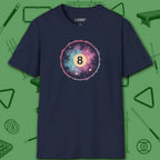 Cosmic 8-Ball Galaxy T-Shirt, in Navy color, billiards shirt, front view