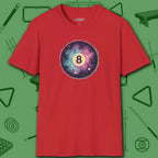 Cosmic 8-Ball Galaxy T-Shirt, in Red color, billiards shirt, front view
