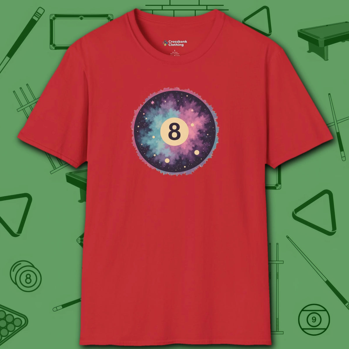 Cosmic 8-Ball Galaxy T-Shirt, in Red color, billiards shirt, front view