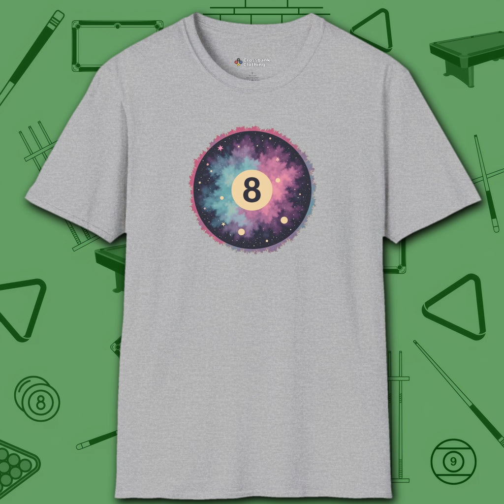 Cosmic 8-Ball Galaxy T-Shirt, in Sport Grey color, billiards shirt, front view