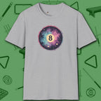Cosmic 8-Ball Galaxy T-Shirt, in Sport Grey color, billiards shirt, front view