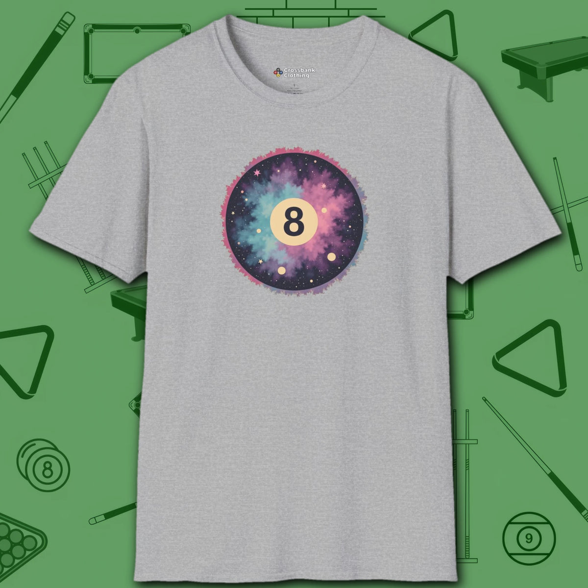 Cosmic 8-Ball Galaxy T-Shirt, in Sport Grey color, billiards shirt, front view