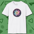 Cosmic 8-Ball Galaxy T-Shirt, in White color, billiards shirt, front view