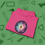 Cosmic 8-Ball Galaxy Hoodie, folded view, in Heliconia stitched for cue discipline and cool confidence