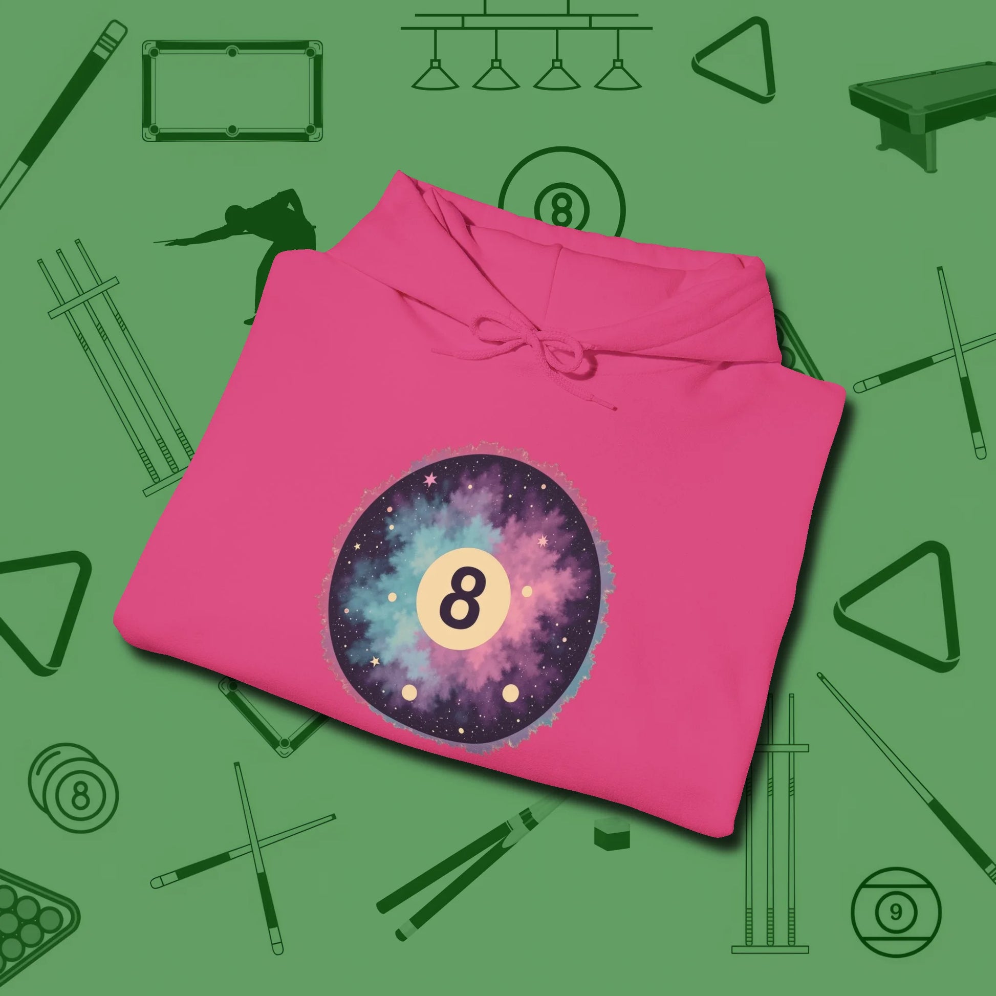 Cosmic 8-Ball Galaxy Hoodie, folded view, in Heliconia stitched for cue discipline and cool confidence