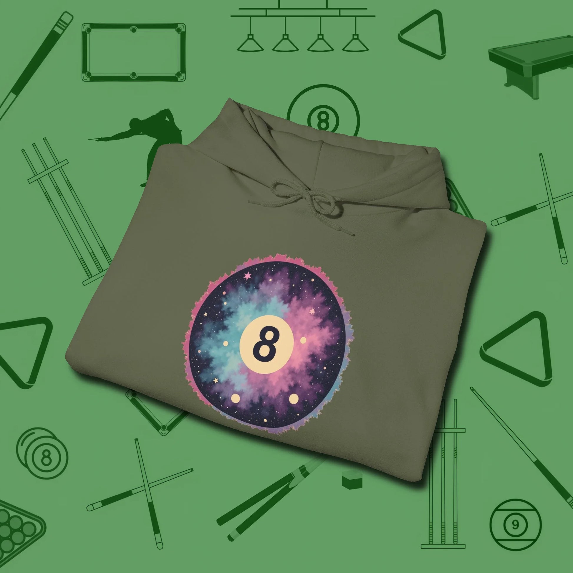 Cosmic 8-Ball Galaxy Hoodie, folded view, in Military Green for shooters who dress like they play: sharp