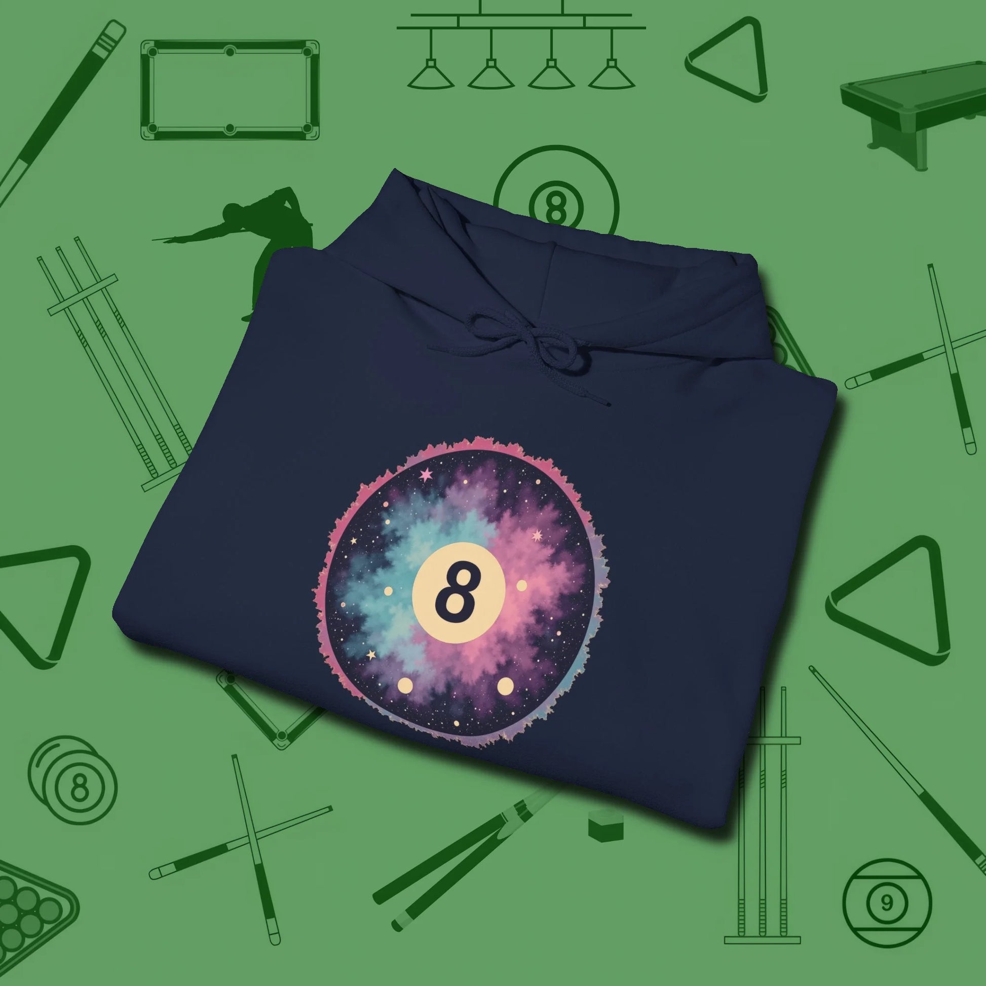 Cosmic 8-Ball Galaxy Hoodie, folded view, in Navy look good while calling your pocket