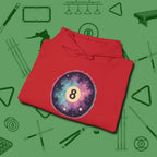 Cosmic 8-Ball Galaxy Hoodie, folded view, in Red because pool isn’t just a game — it’s who you are