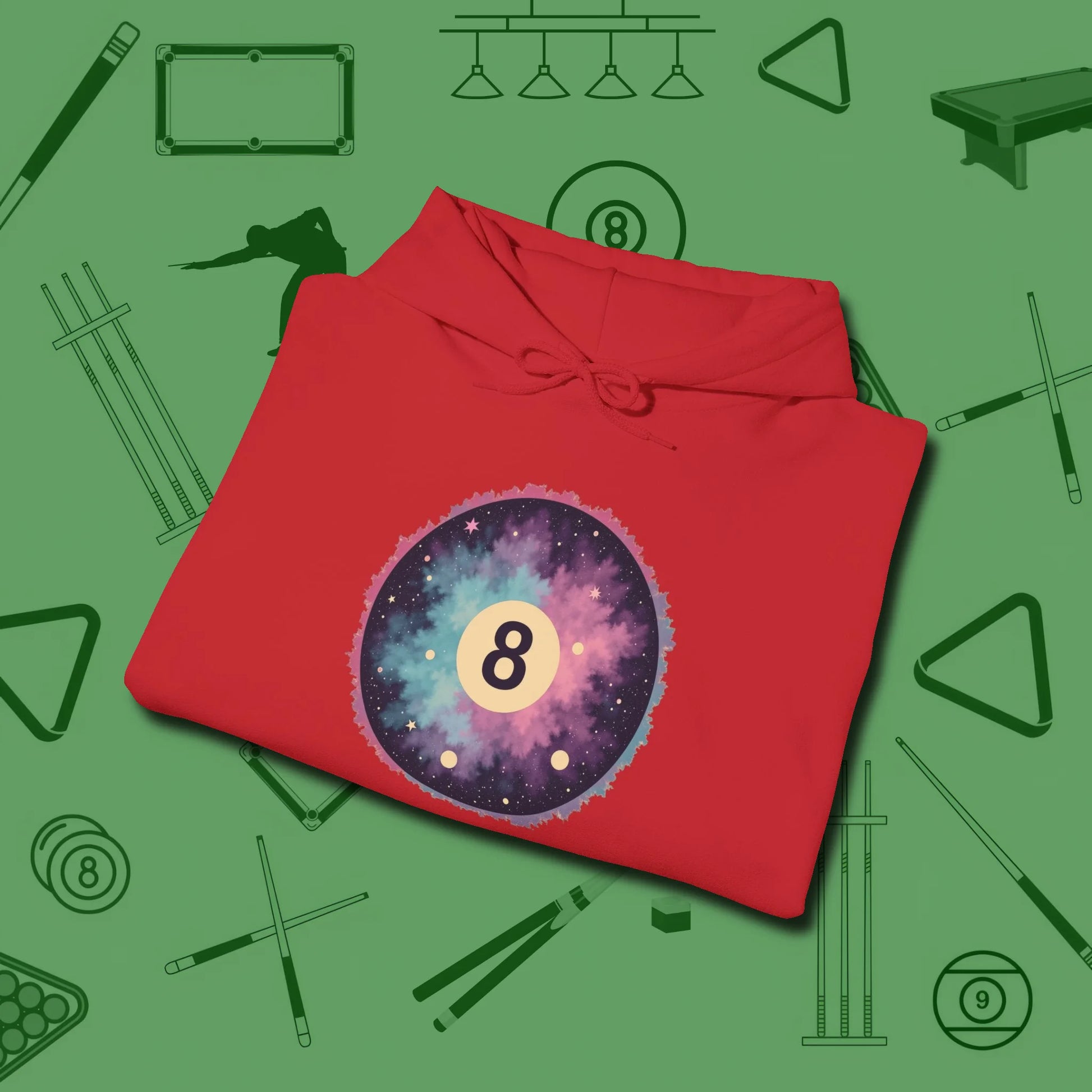 Cosmic 8-Ball Galaxy Hoodie, folded view, in Red because pool isn’t just a game — it’s who you are