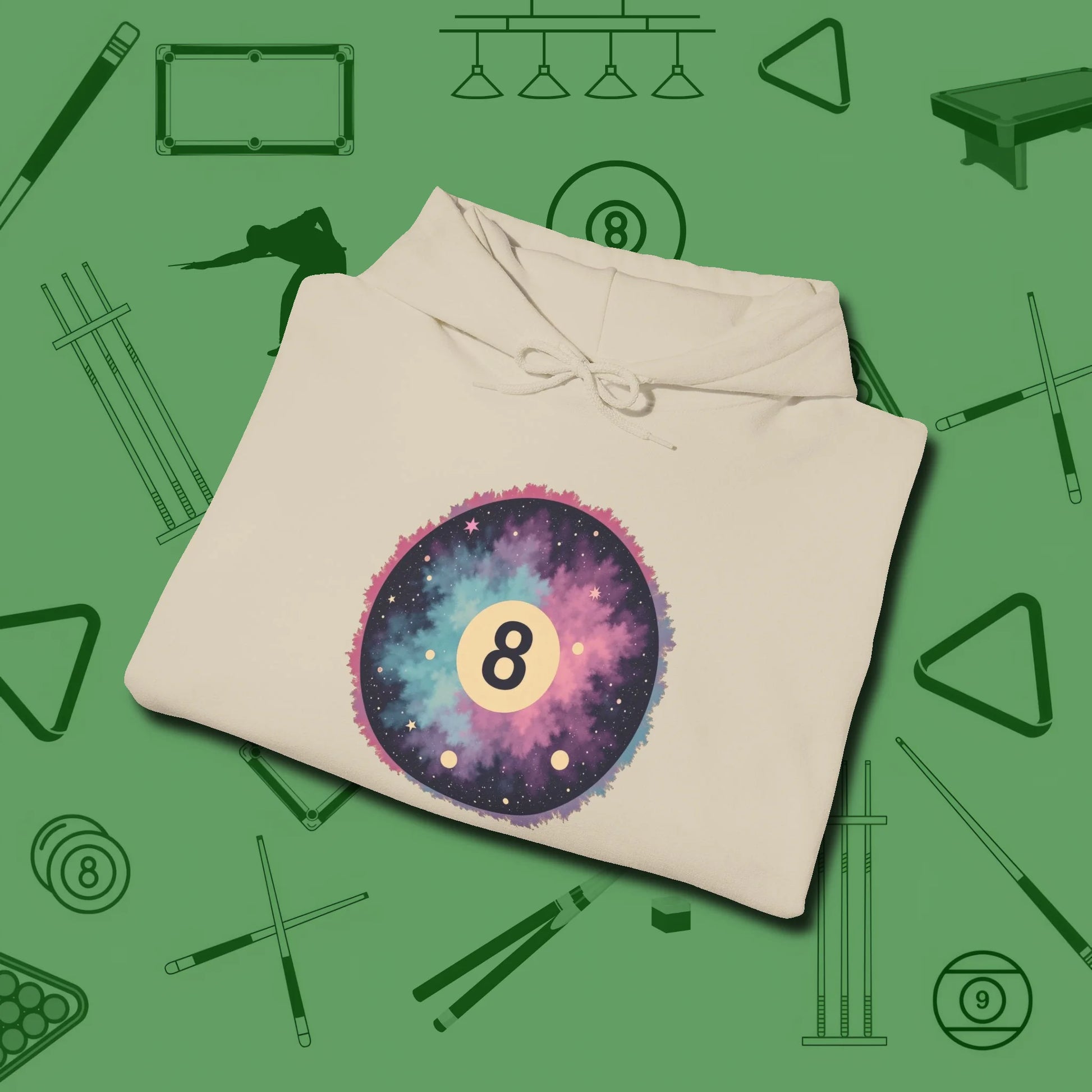 Cosmic 8-Ball Galaxy Hoodie, folded view, in Sand poolroom style with tournament attitude