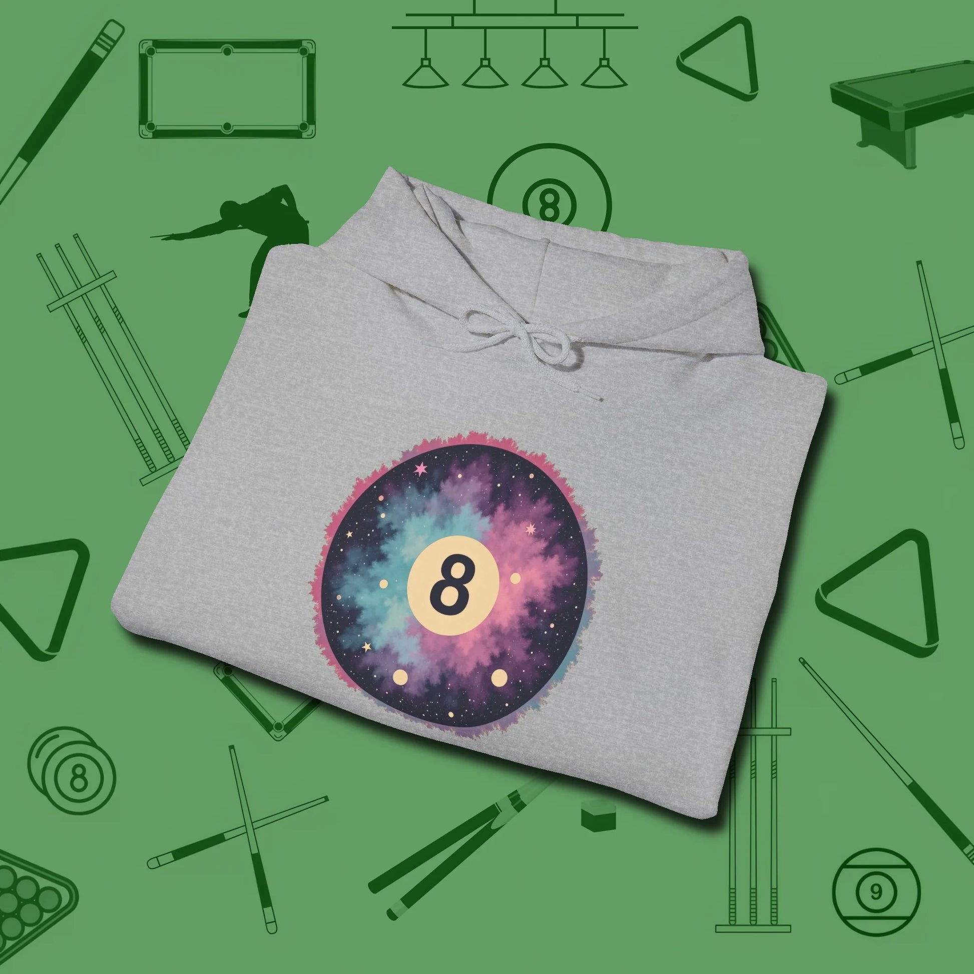 Cosmic 8-Ball Galaxy Hoodie, folded view, in Sport Grey put your best game on display