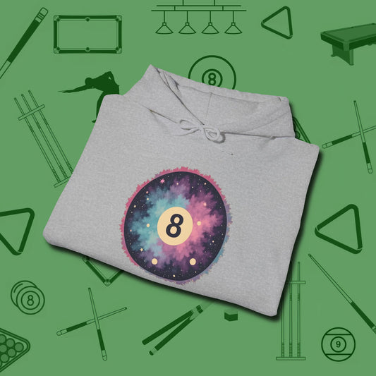 Cosmic 8-Ball Galaxy Hoodie, folded view, in Sport Grey put your best game on display