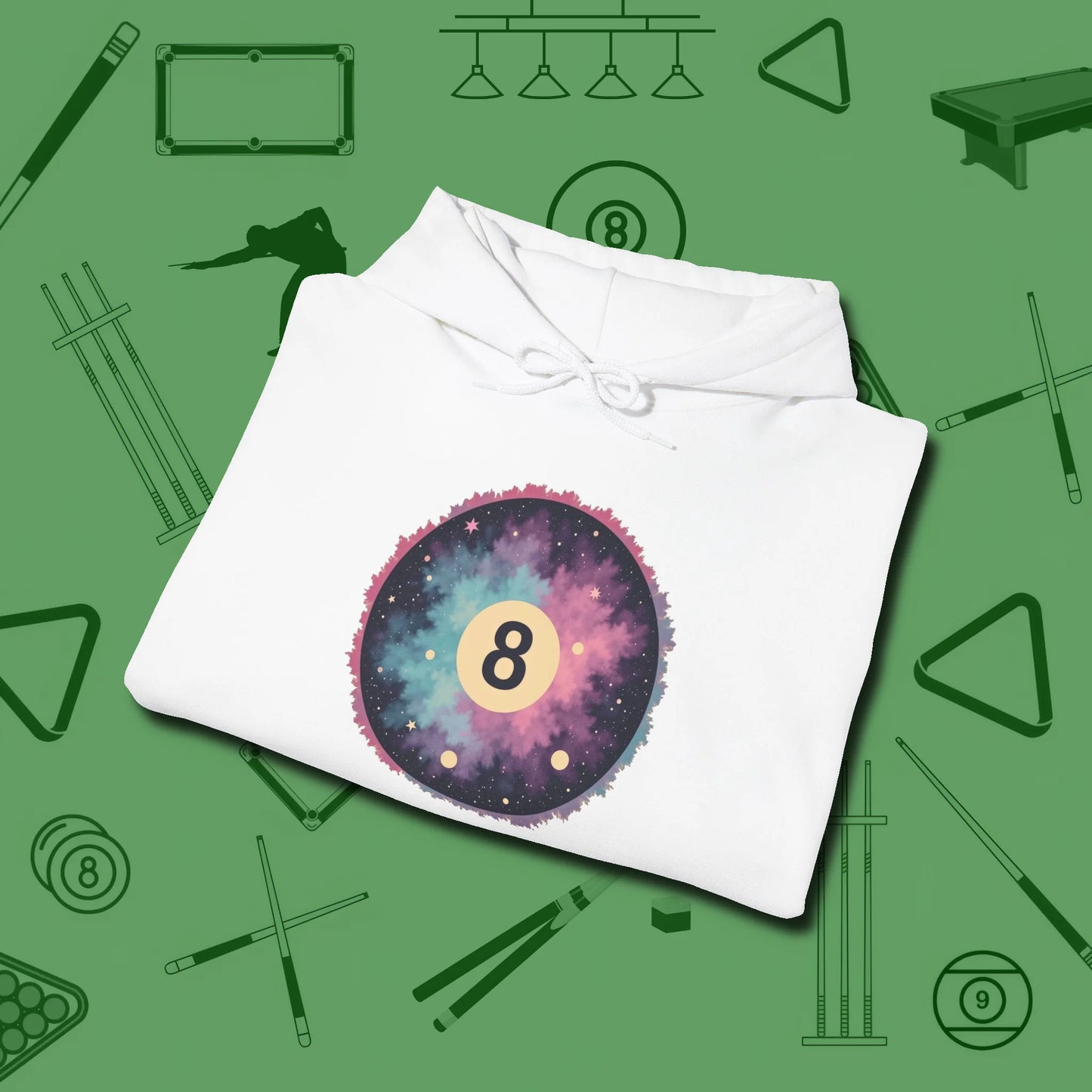 Cosmic 8-Ball Galaxy Hoodie, folded view, in White helps your stroke and your style