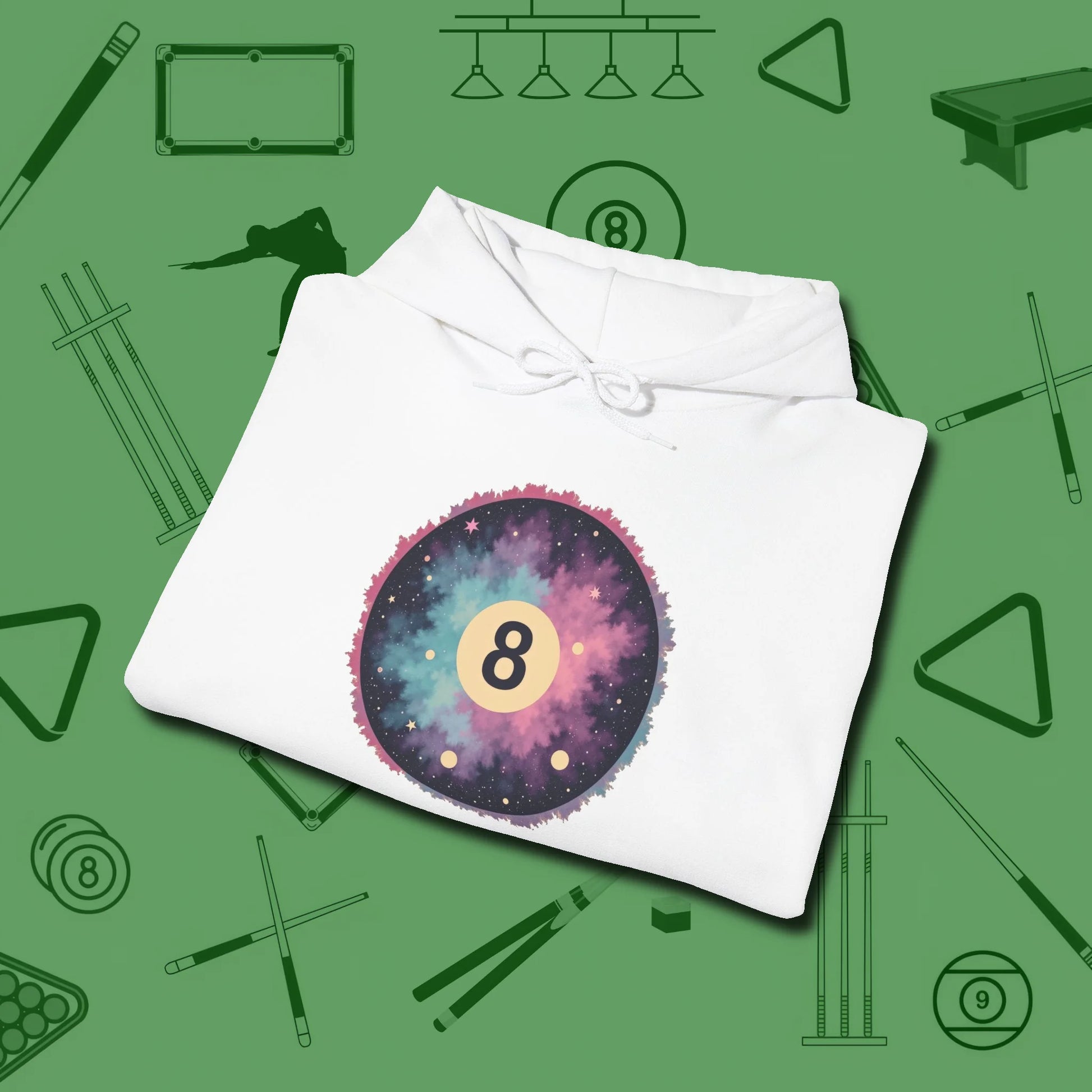Cosmic 8-Ball Galaxy Hoodie, folded view, in White helps your stroke and your style
