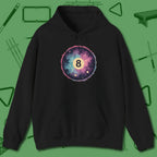 Cosmic 8-Ball Galaxy Hoodie, front view, in Black not your average 8-ball graphic tee