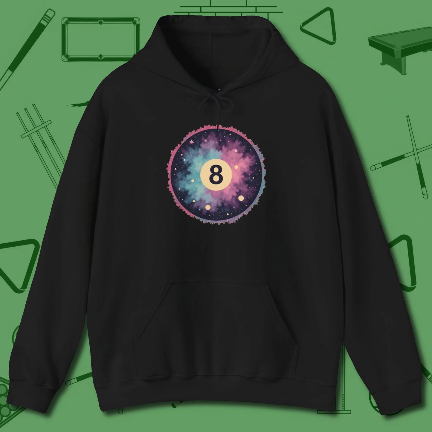 Cosmic 8-Ball Galaxy Hoodie, front view, in Black not your average 8-ball graphic tee