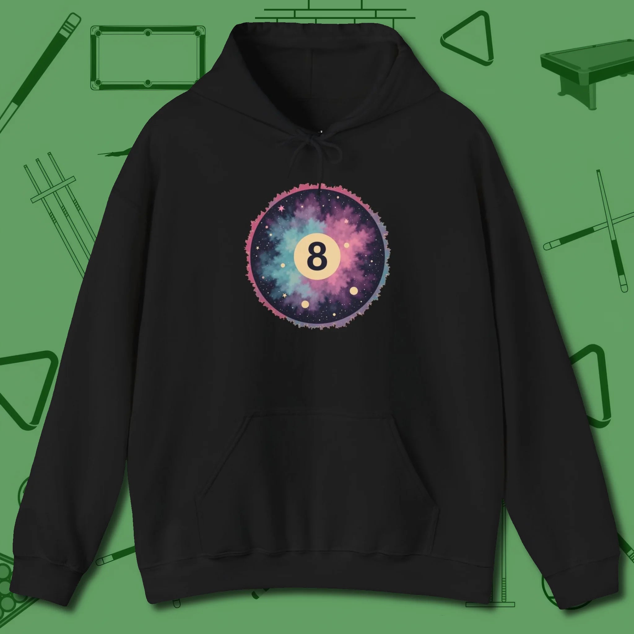 Cosmic 8-Ball Galaxy Hoodie, front view, in Black not your average 8-ball graphic tee