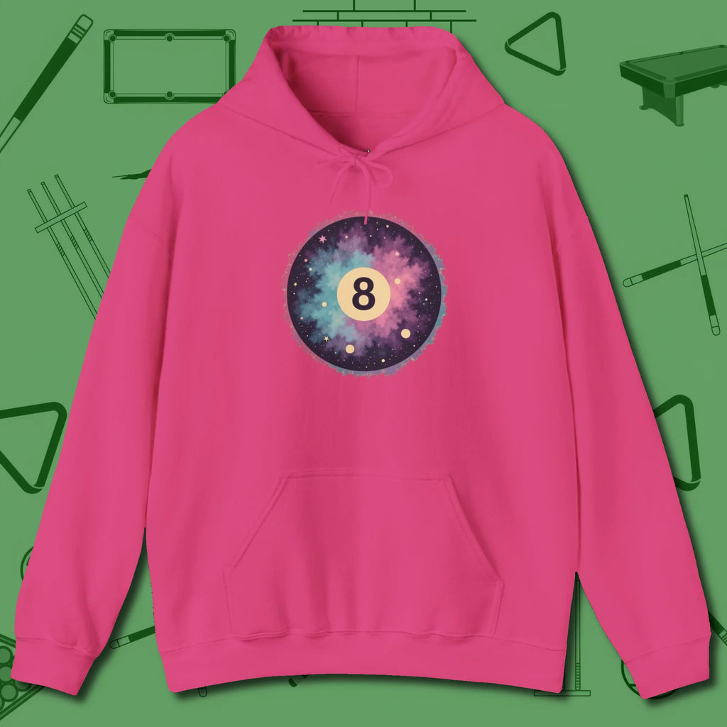 Cosmic 8-Ball Galaxy Hoodie, front view, in Heliconia stitched for cue discipline and cool confidence