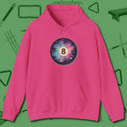 Cosmic 8-Ball Galaxy Hoodie, front view, in Heliconia stitched for cue discipline and cool confidence