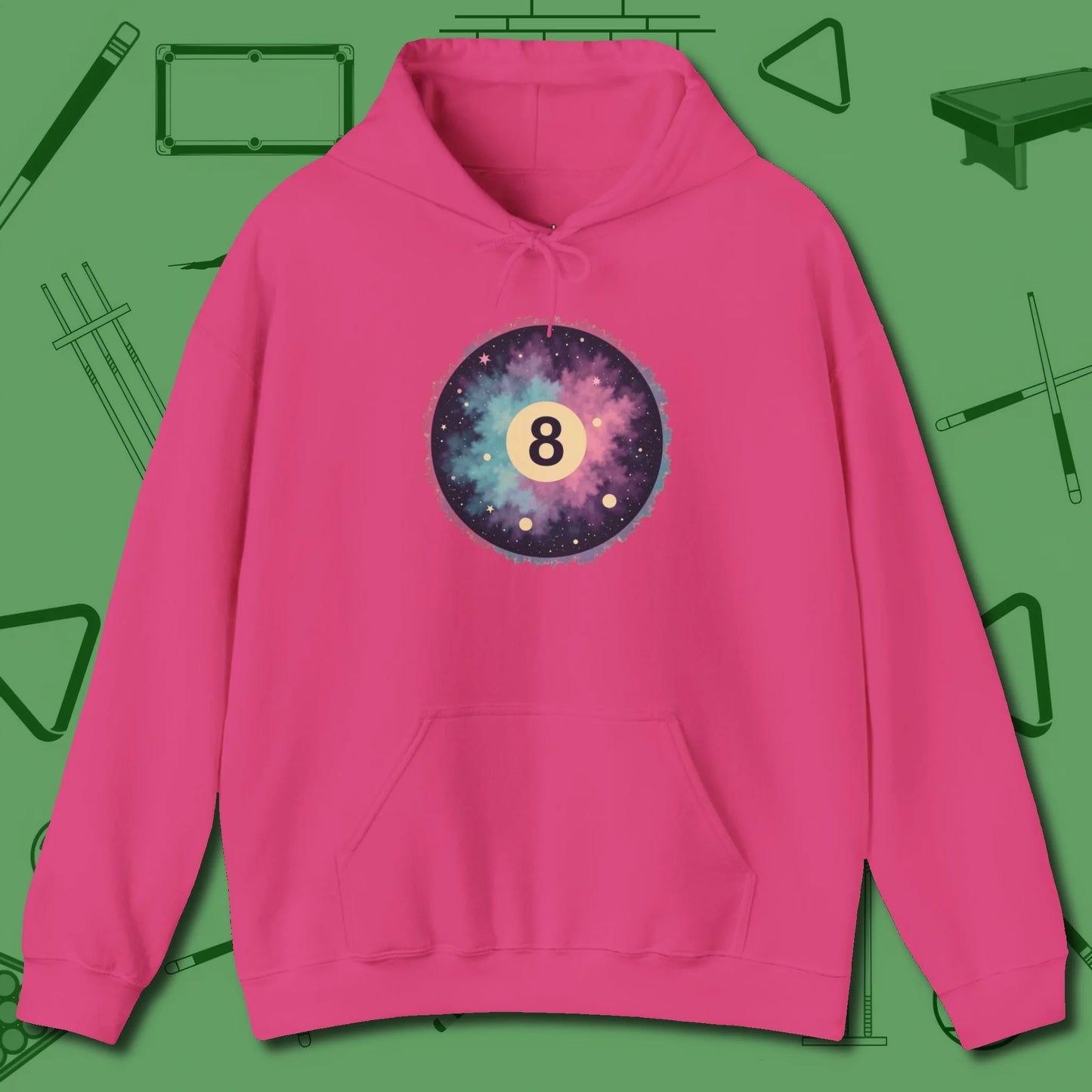 Cosmic 8-Ball Galaxy Hoodie, front view, in Heliconia stitched for cue discipline and cool confidence