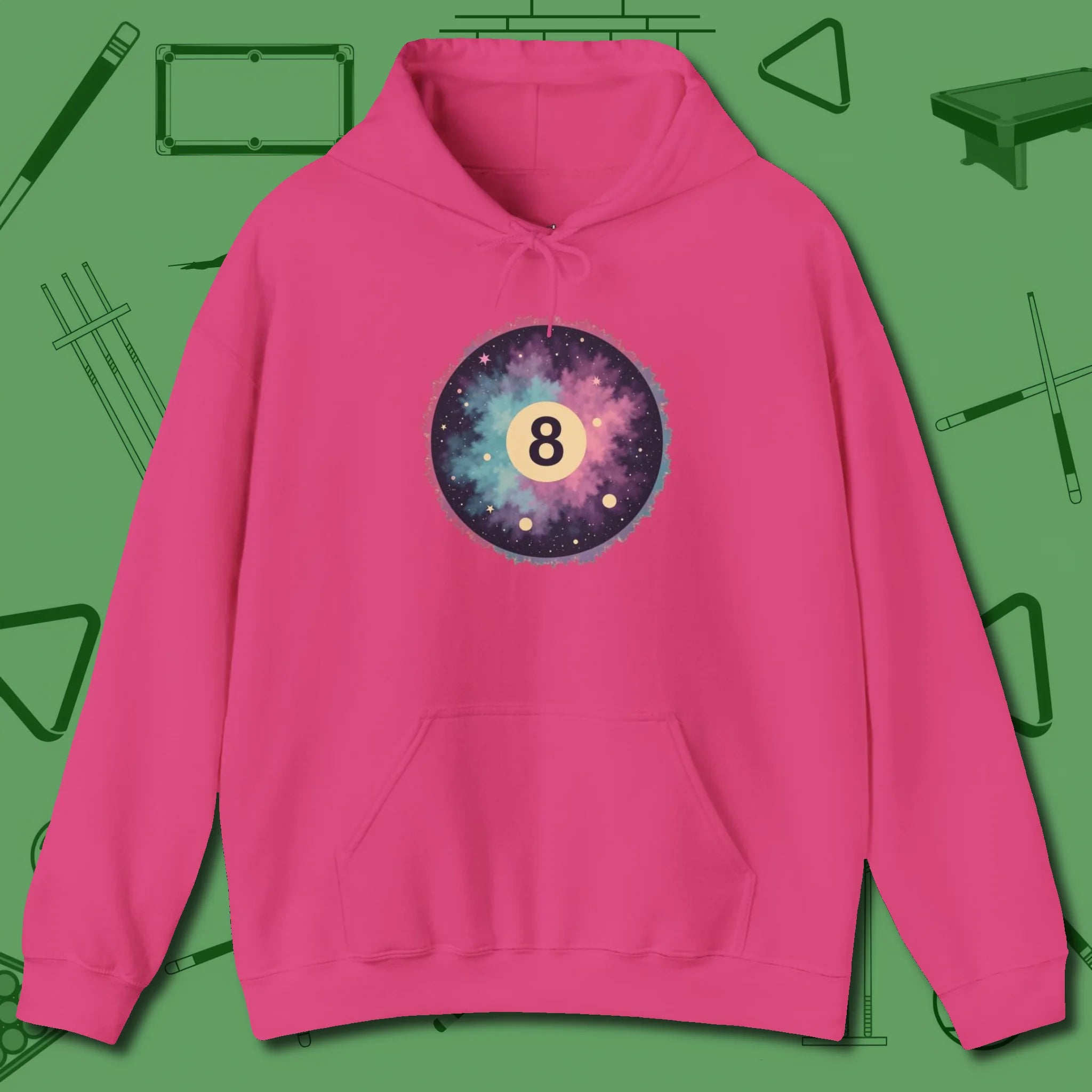 Cosmic 8-Ball Galaxy Hoodie, front view, in Heliconia stitched for cue discipline and cool confidence