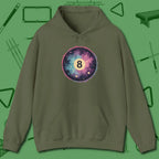 Cosmic 8-Ball Galaxy Hoodie, front view, in Military Green helps your stroke and your style