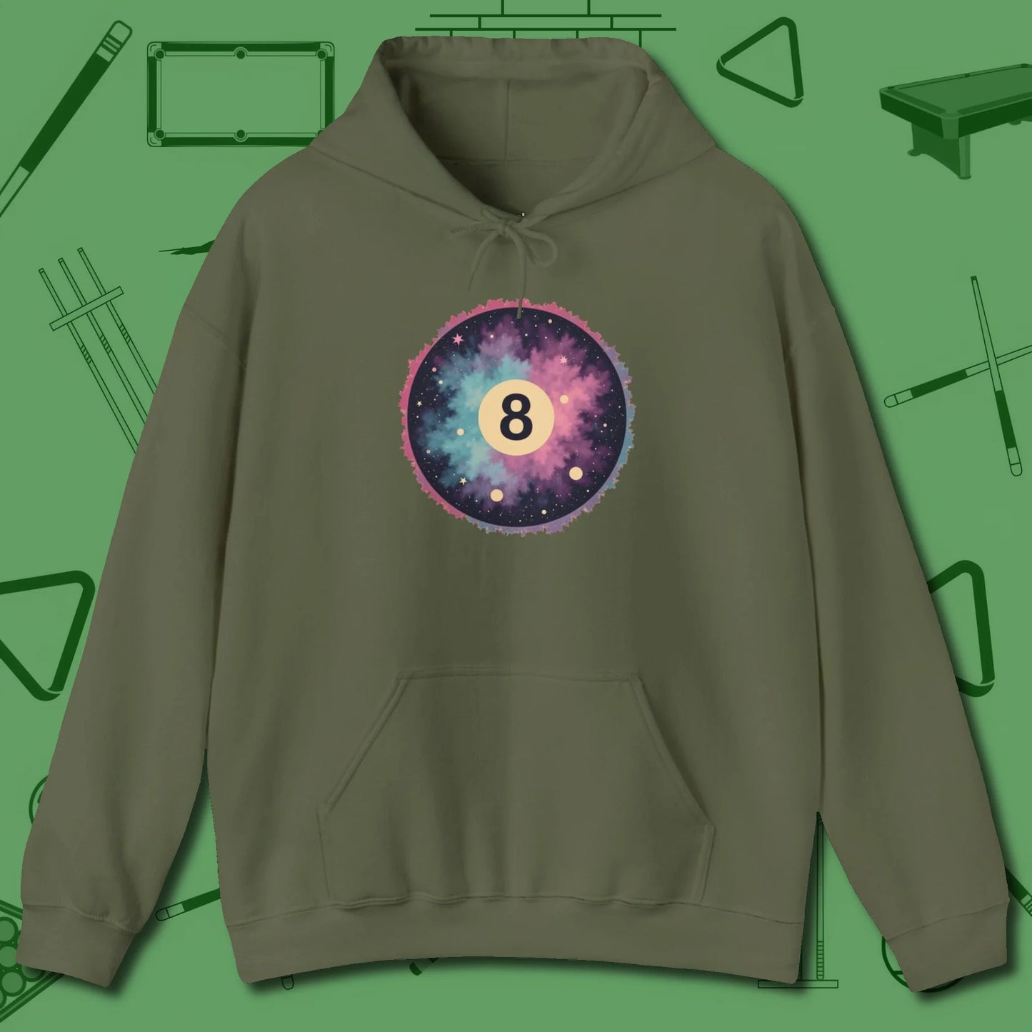 Cosmic 8-Ball Galaxy Hoodie, front view, in Military Green helps your stroke and your style