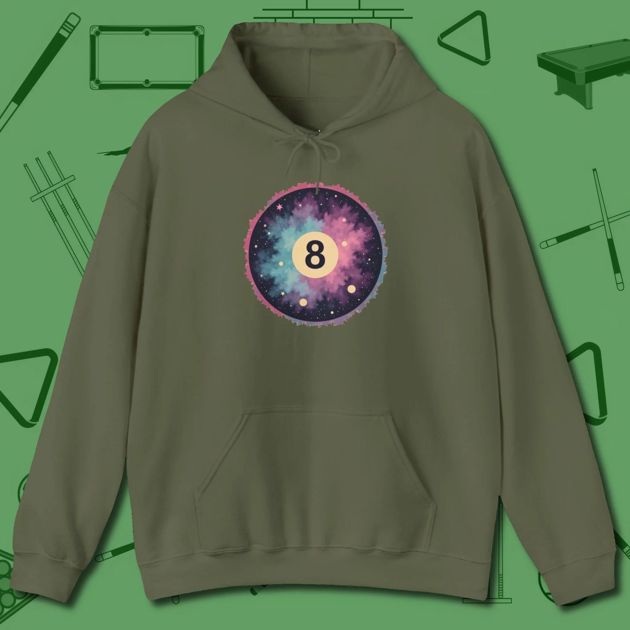 Cosmic 8-Ball Galaxy Hoodie, front view, in Military Green helps your stroke and your style