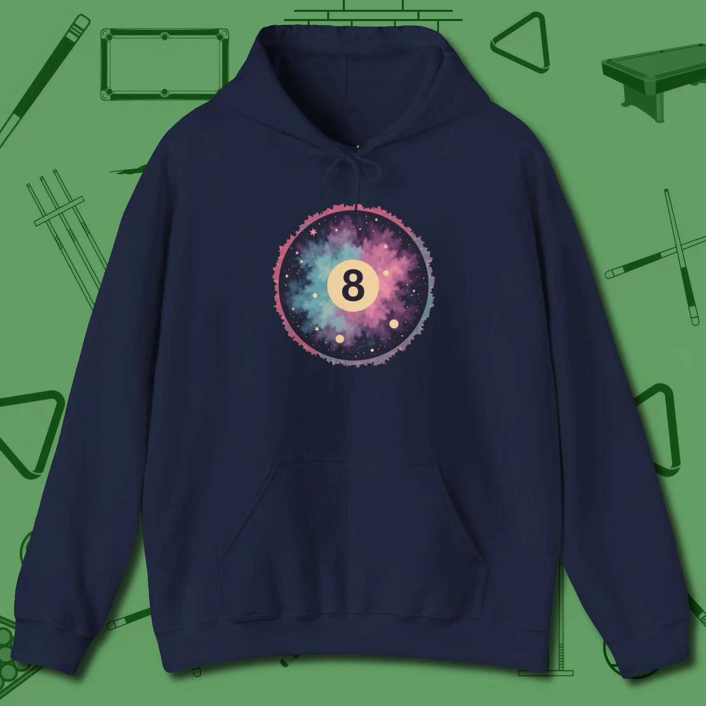Cosmic 8-Ball Galaxy Hoodie, front view, in Navy ideal for clean hits and clean fits