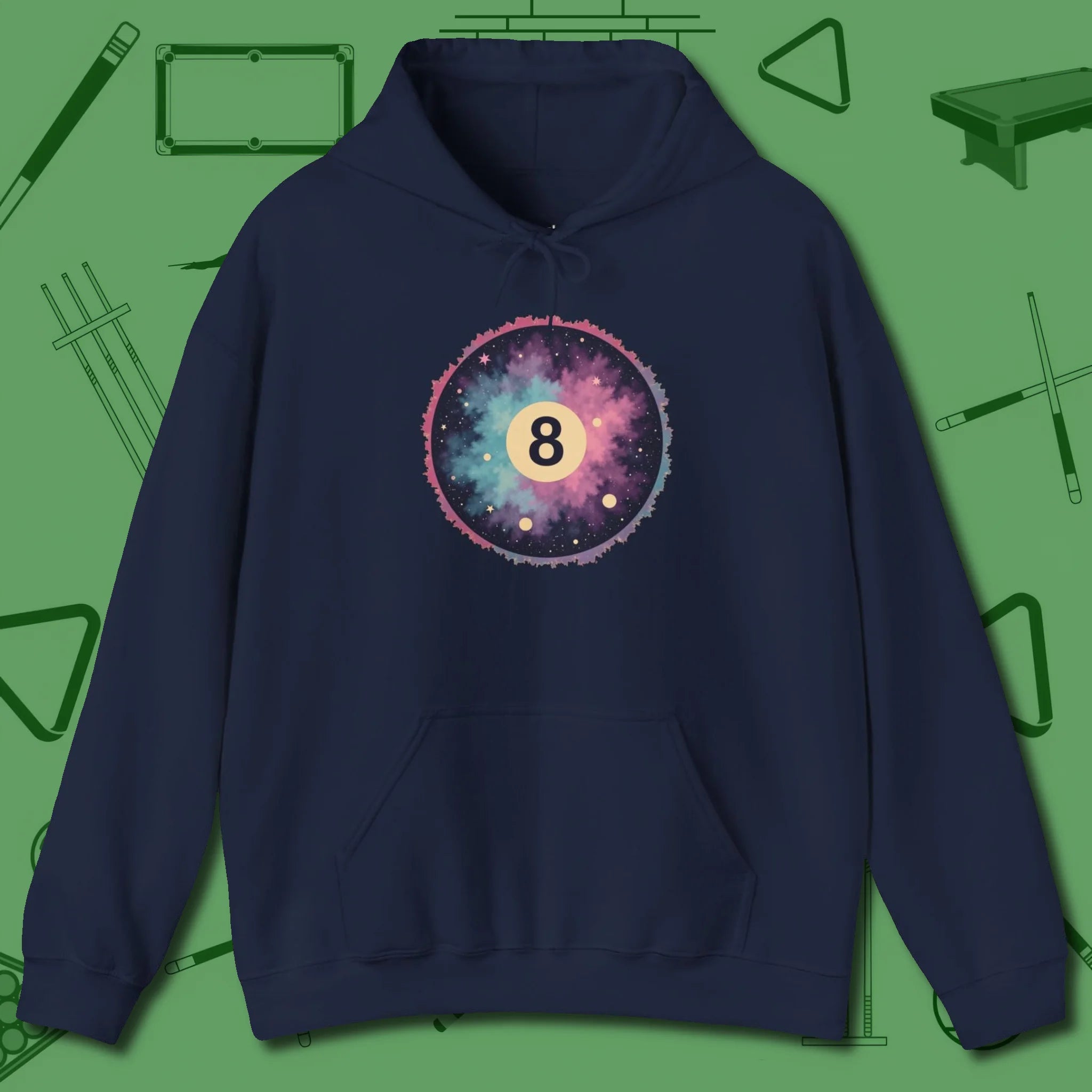 Cosmic 8-Ball Galaxy Hoodie, front view, in Navy ideal for clean hits and clean fits
