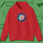 Cosmic 8-Ball Galaxy Hoodie, front view, in Red for shooters who dress like they play: sharp