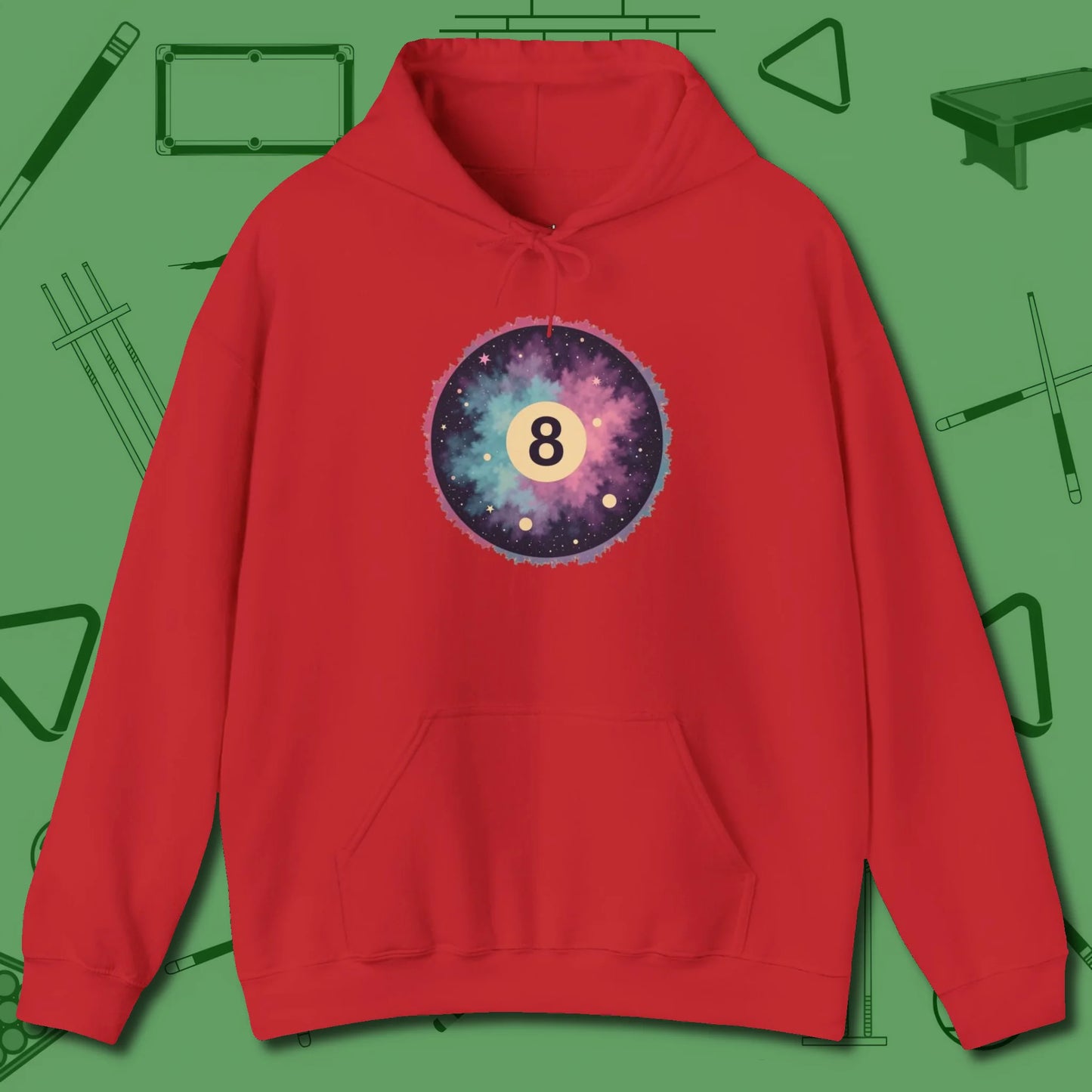 Cosmic 8-Ball Galaxy Hoodie, front view, in Red for shooters who dress like they play: sharp