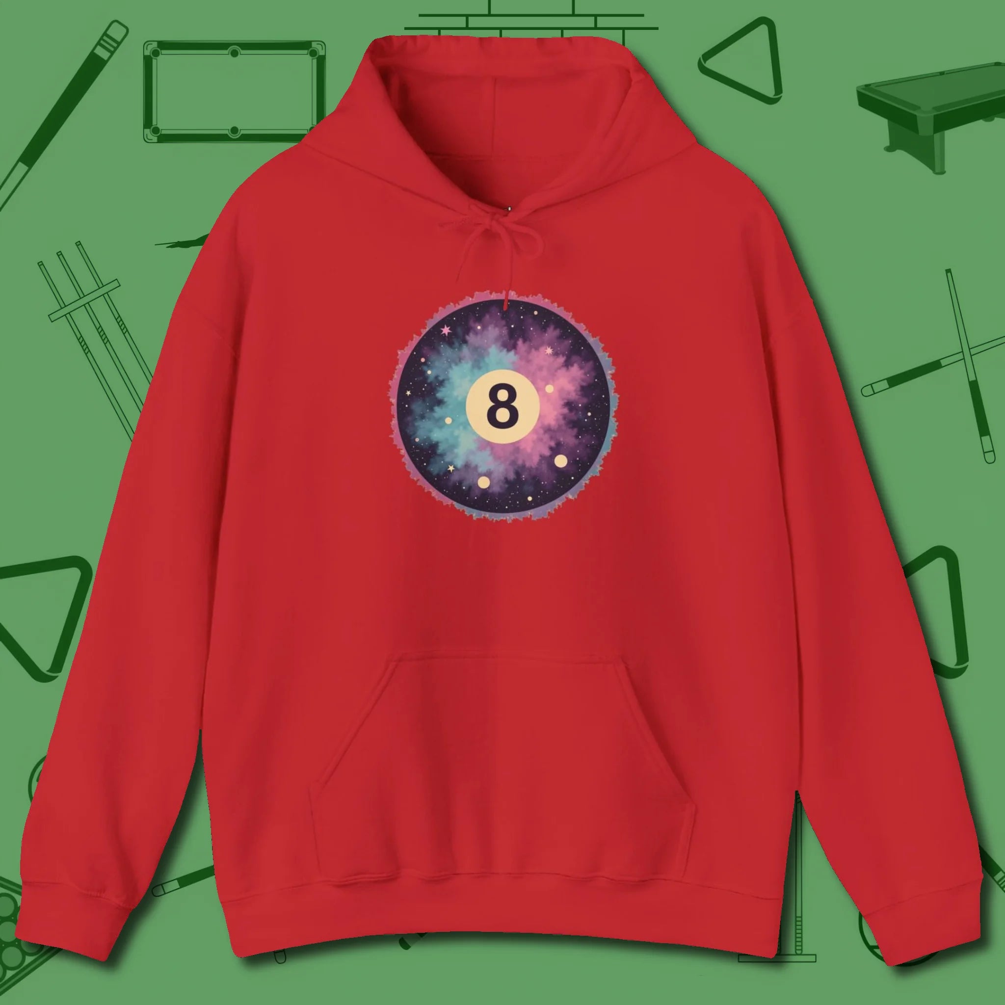Cosmic 8-Ball Galaxy Hoodie, front view, in Red for shooters who dress like they play: sharp