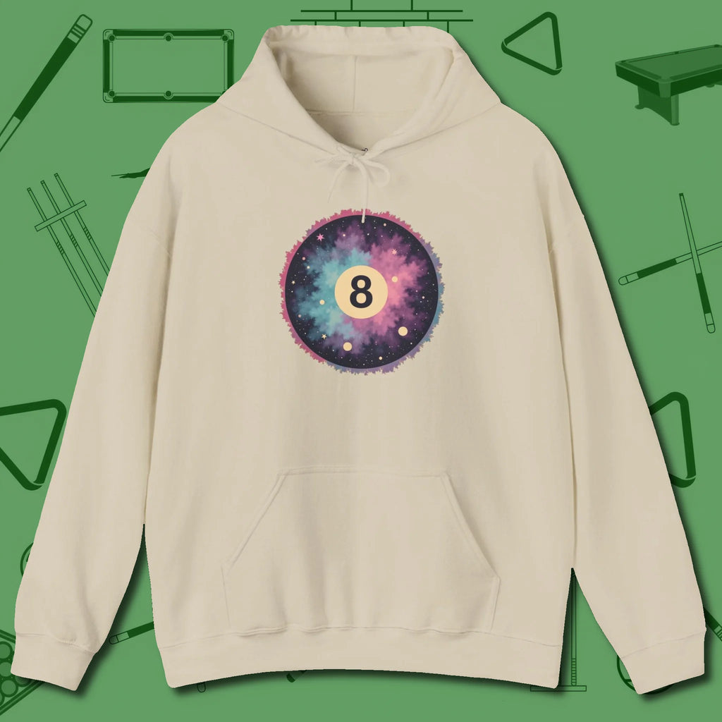 Cosmic 8-Ball Galaxy Hoodie, front view, in Sand a clean fit for the dirtiest safeties