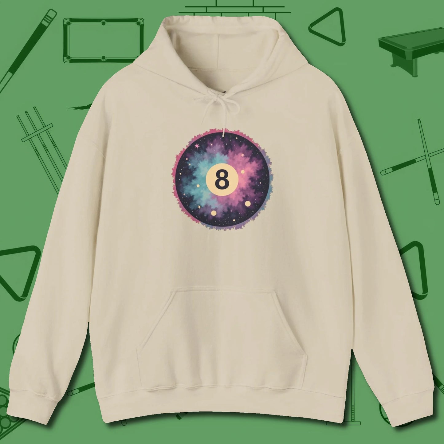 Cosmic 8-Ball Galaxy Hoodie, front view, in Sand a clean fit for the dirtiest safeties