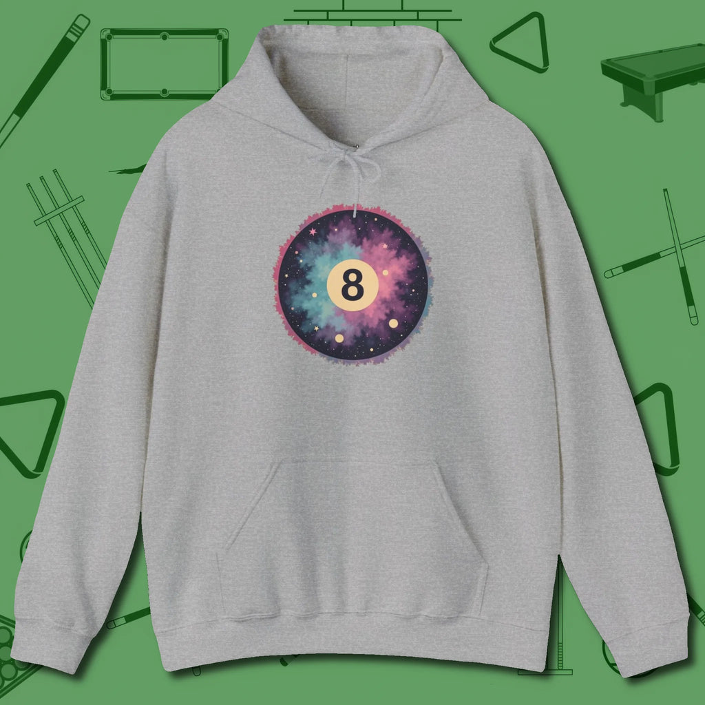 Cosmic 8-Ball Galaxy Hoodie, front view, in Sport Grey where cue control meets personal style