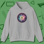 Cosmic 8-Ball Galaxy Hoodie, front view, in Sport Grey where cue control meets personal style