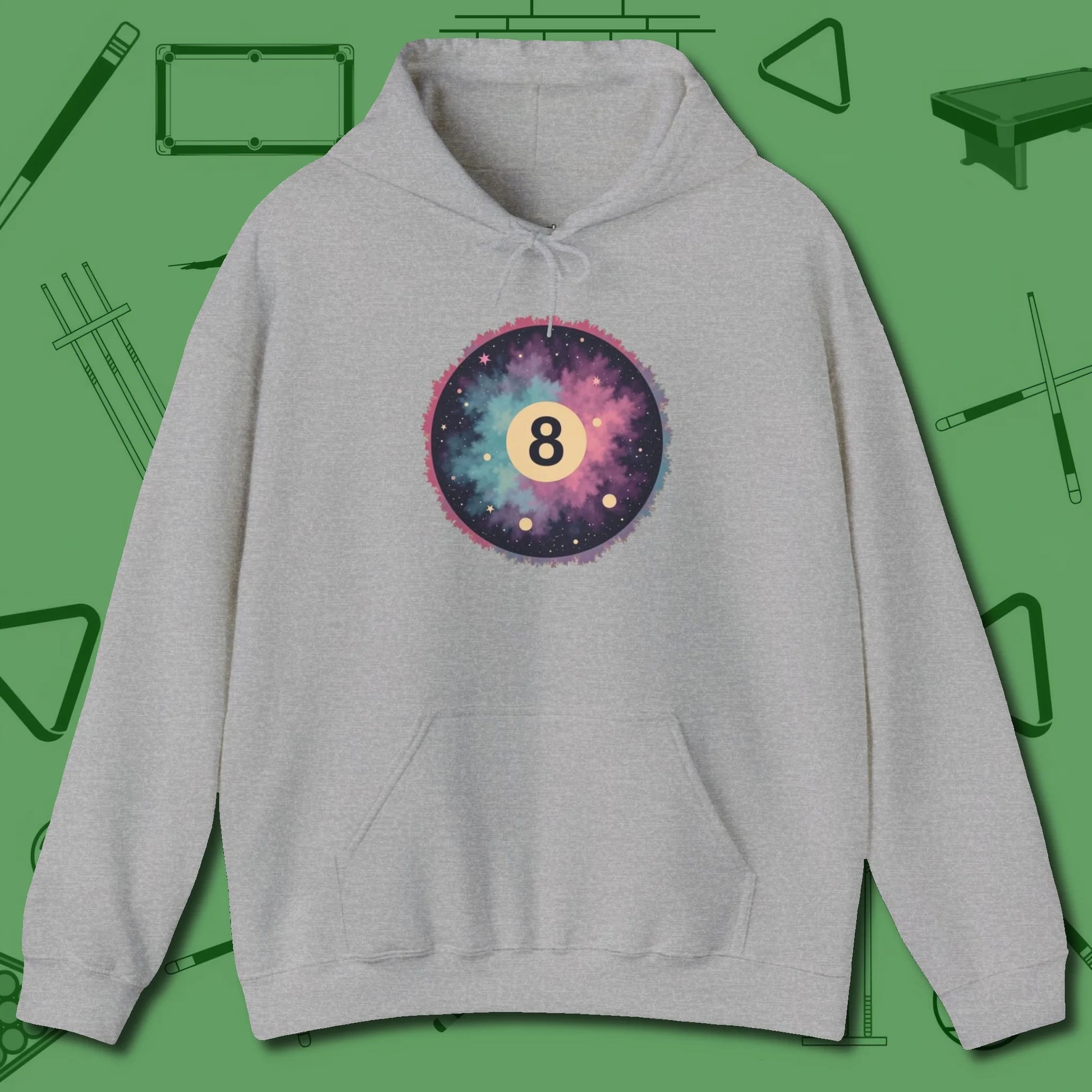 Cosmic 8-Ball Galaxy Hoodie, front view, in Sport Grey where cue control meets personal style