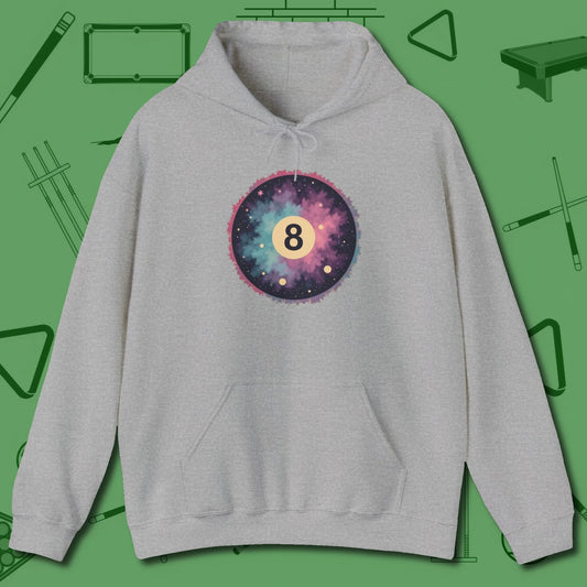 Cosmic 8-Ball Galaxy Hoodie, front view, in Sport Grey where cue control meets personal style