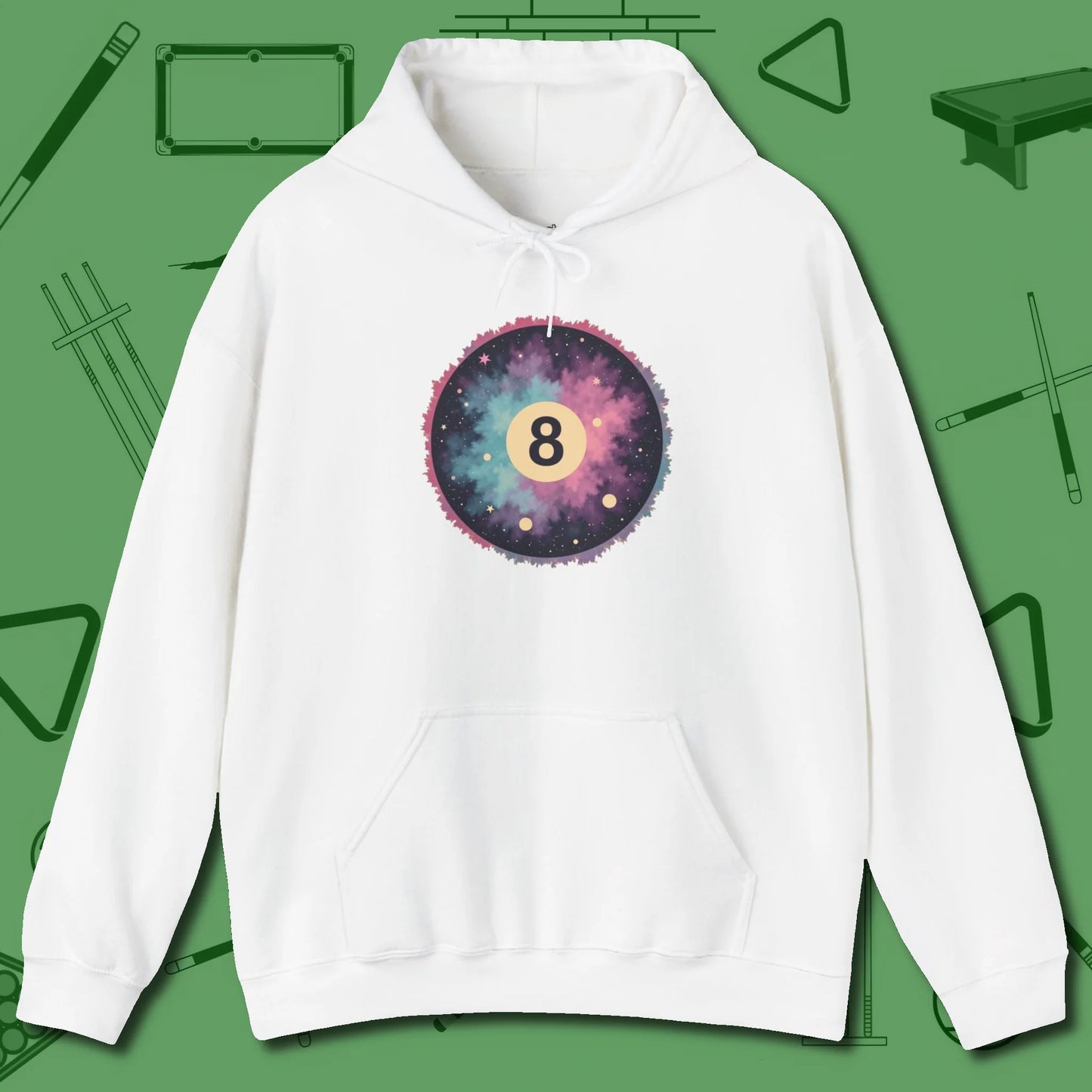 Cosmic 8-Ball Galaxy Hoodie, front view, in White for players who live the game