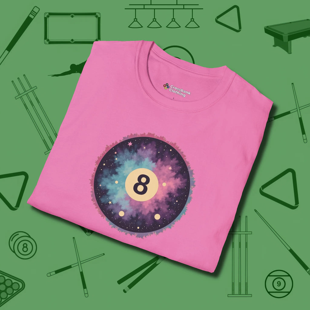 Cosmic 8-Ball Galaxy T-Shirt, folded view, in Azalea for shooters who dress like they play: sharp