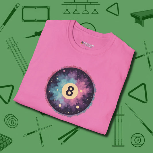 Cosmic 8-Ball Galaxy T-Shirt, folded view, in Azalea for shooters who dress like they play: sharp