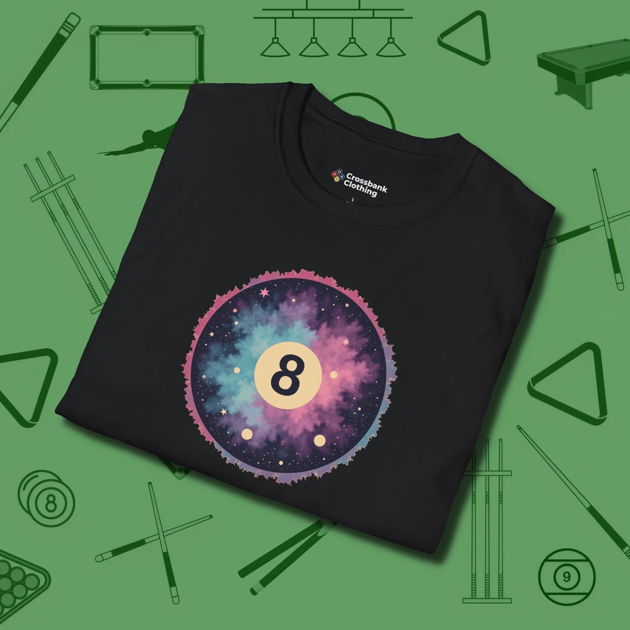Cosmic 8-Ball Galaxy T-Shirt, folded view, in Black like your stroke — smooth and deliberate