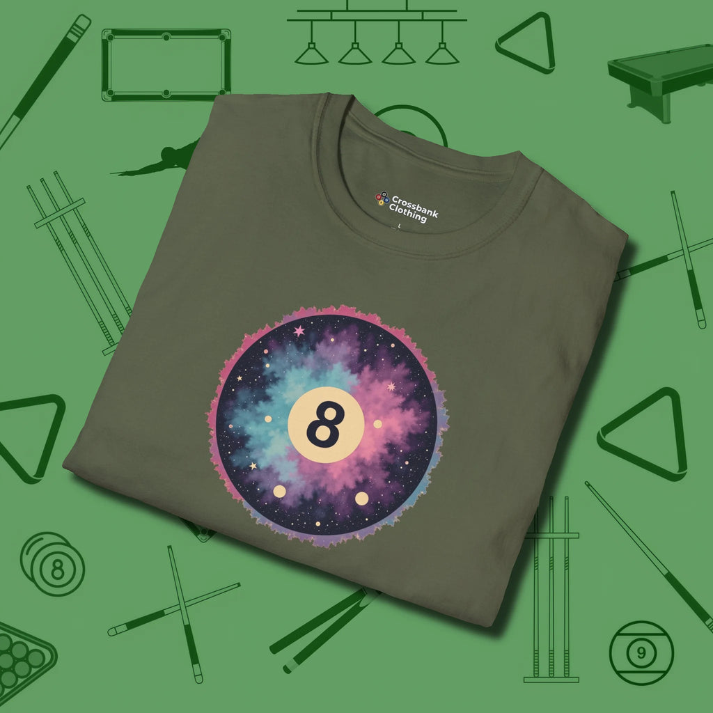Cosmic 8-Ball Galaxy T-Shirt, folded view, in Military Green what champions wear between racks