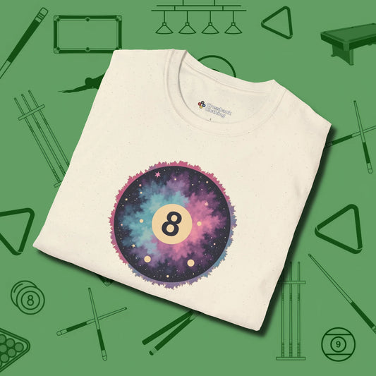 Cosmic 8-Ball Galaxy T-Shirt, folded view, in Natural subtle drip for serious shooters