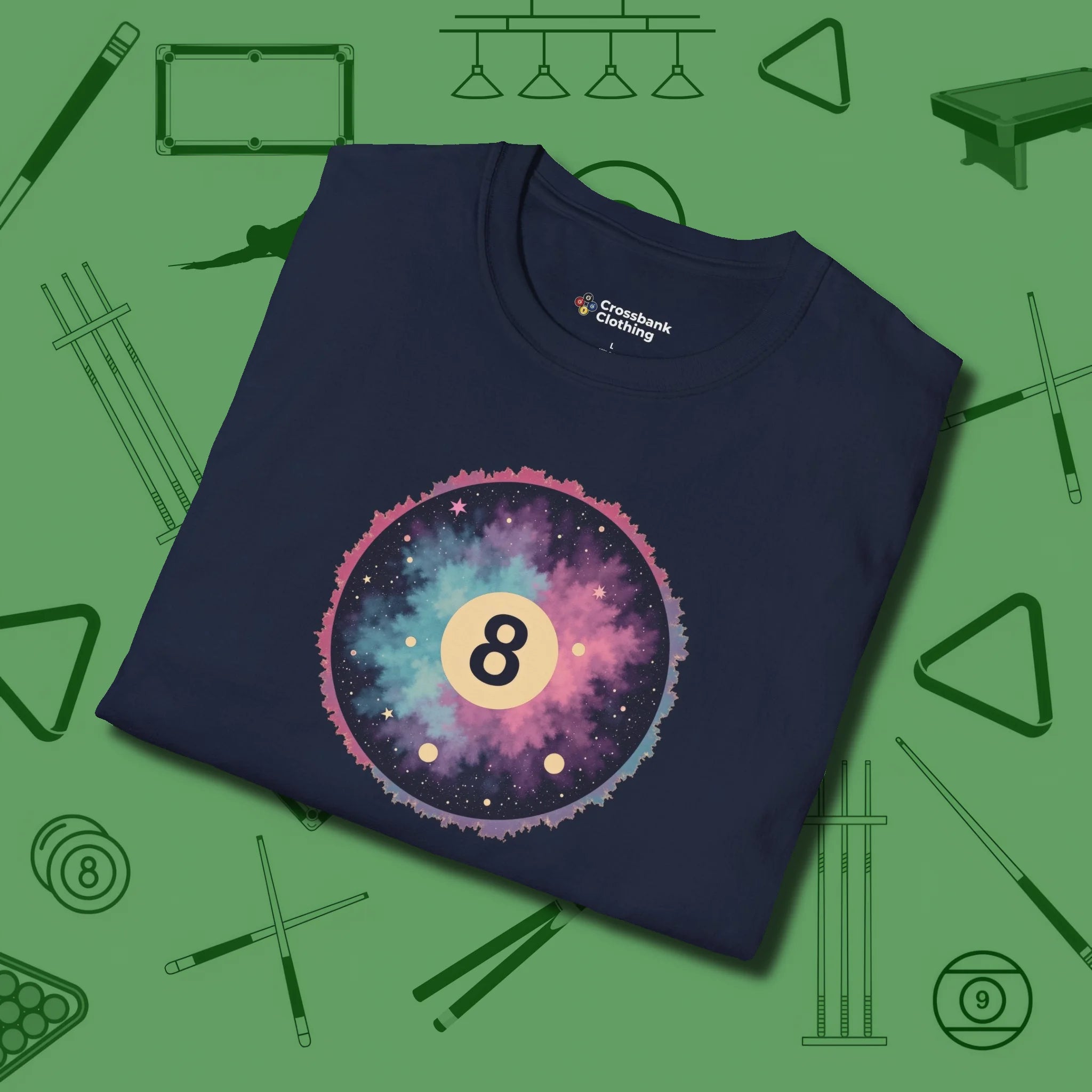 Cosmic 8-Ball Galaxy T-Shirt, folded view, in Navy styled to dominate from rack to run-out