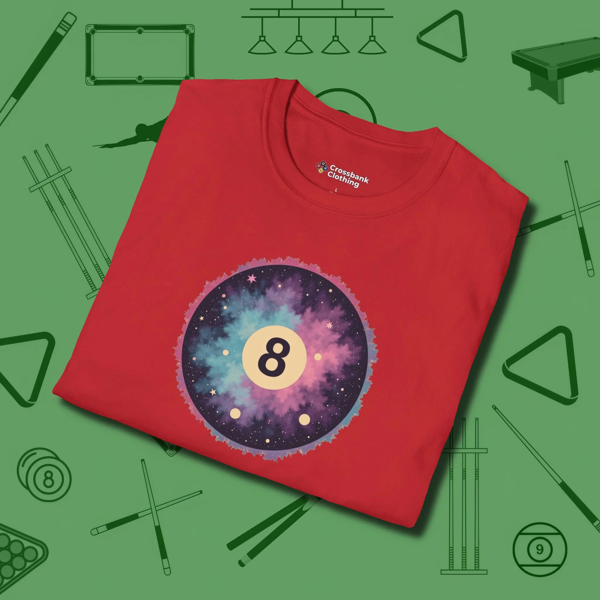 Cosmic 8-Ball Galaxy T-Shirt, folded view, in Red smart apparel for strategic players