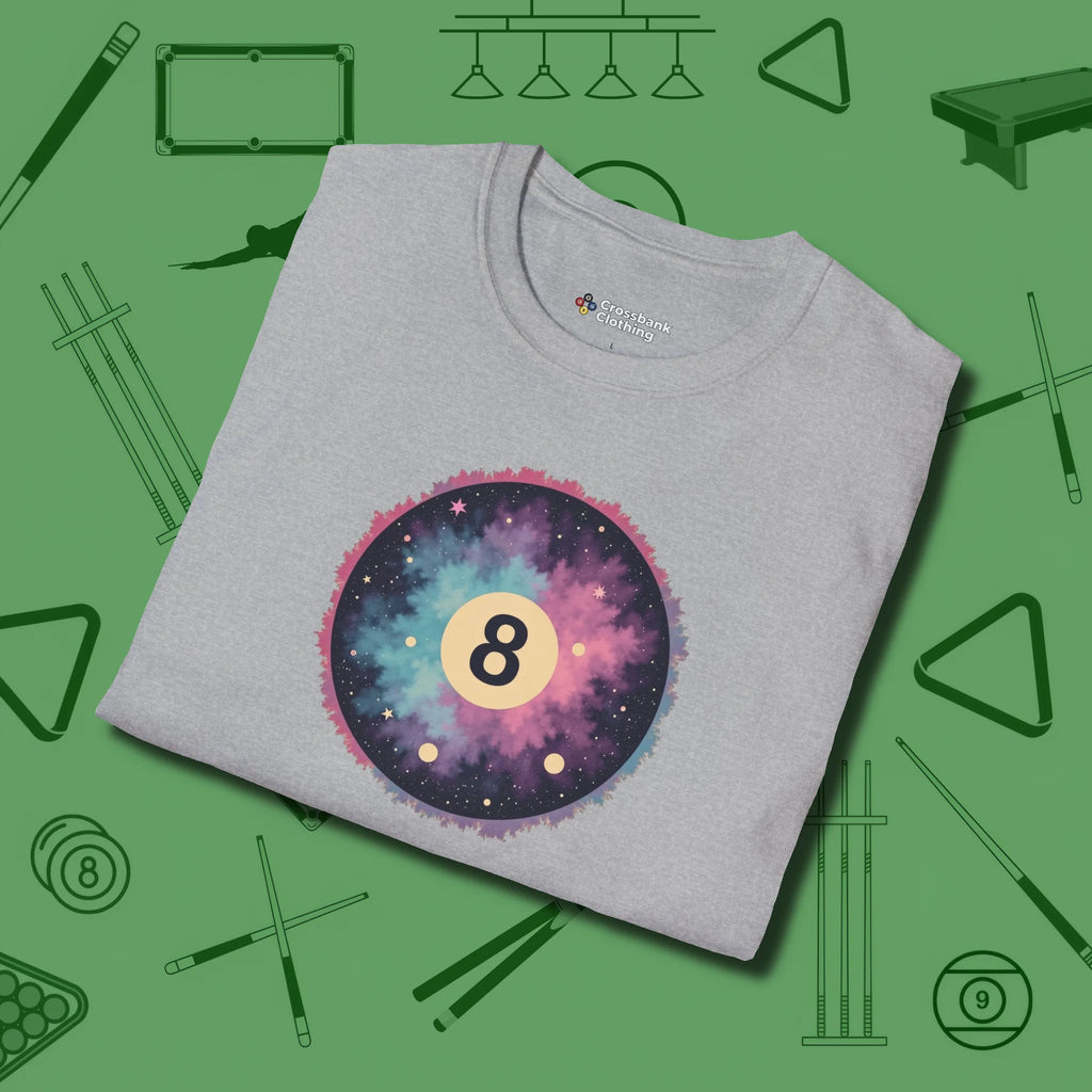 Cosmic 8-Ball Galaxy T-Shirt, folded view, in Sport Grey poolroom style with tournament attitude