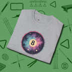 Cosmic 8-Ball Galaxy T-Shirt, folded view, in Sport Grey poolroom style with tournament attitude